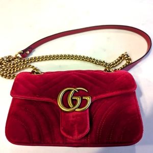 GUCCI Velvet Matelasse Mini GG Marmont Shoulder Bag Hibiscus Red